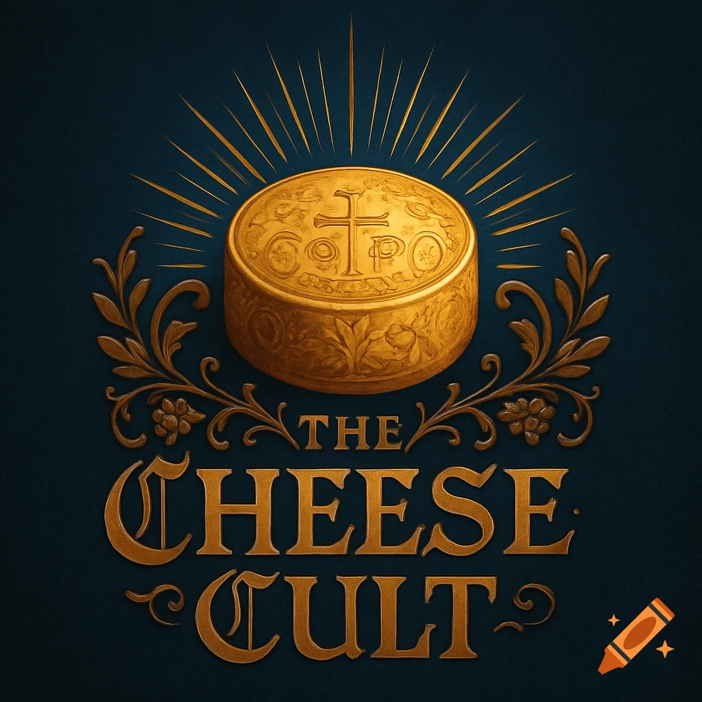 A golden logo for "The Cheese Cult" features a gilded cheese wheel with a cross and rays, adorned with ornate leaves on a dark blue background.