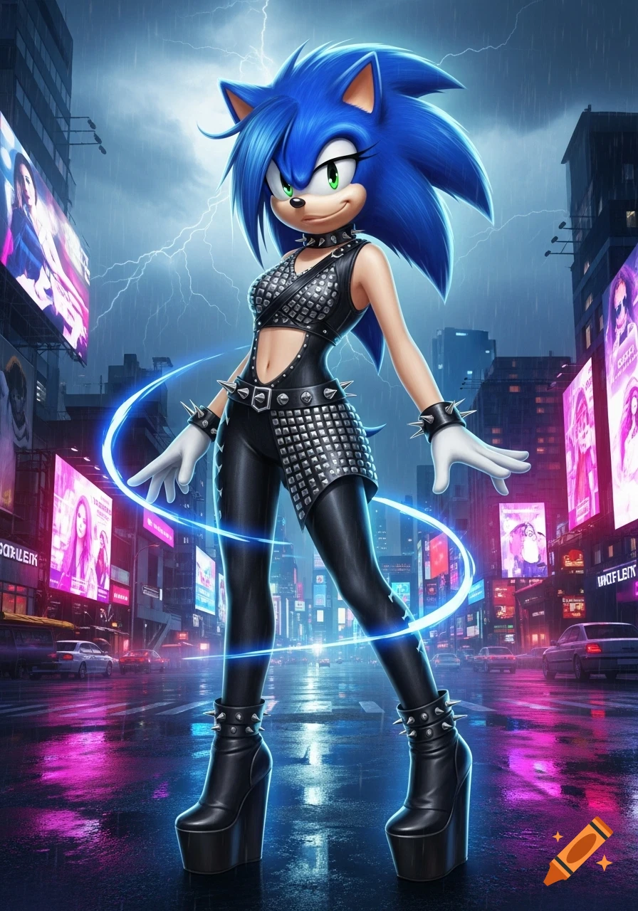 A goth-style female Sonic the Hedgehog character with blue fur, green eyes, and spiky hair, wearing a black studded leather outfit and platform boots, stands on a wet city street under a stormy sky with lightning and neon billboards.