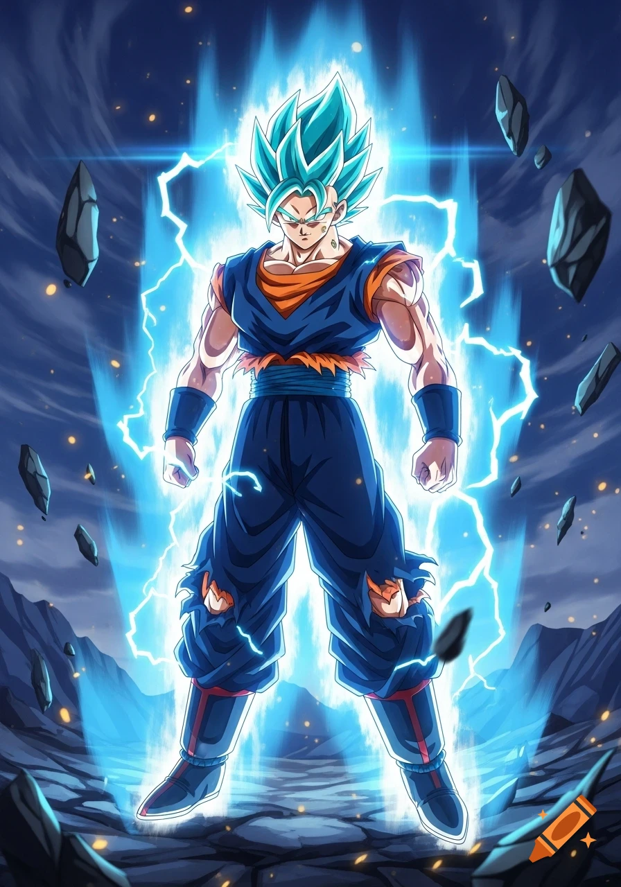 Anime illustration of a powerful blue-haired warrior, Vegito, glowing with intense blue energy and lightning in a rocky landscape.