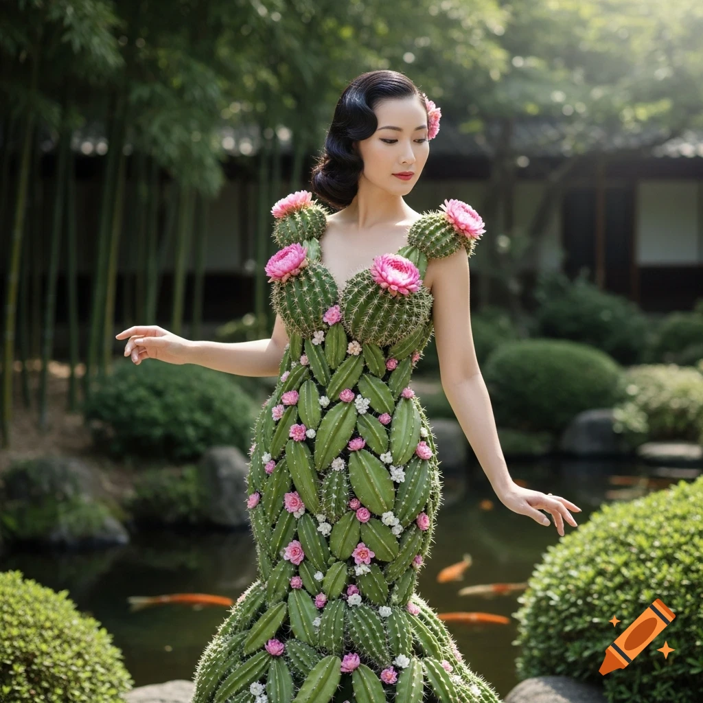 A Japanese woman models a unique dress made entirely of green cacti and pink flowers in a serene garden with a pond.