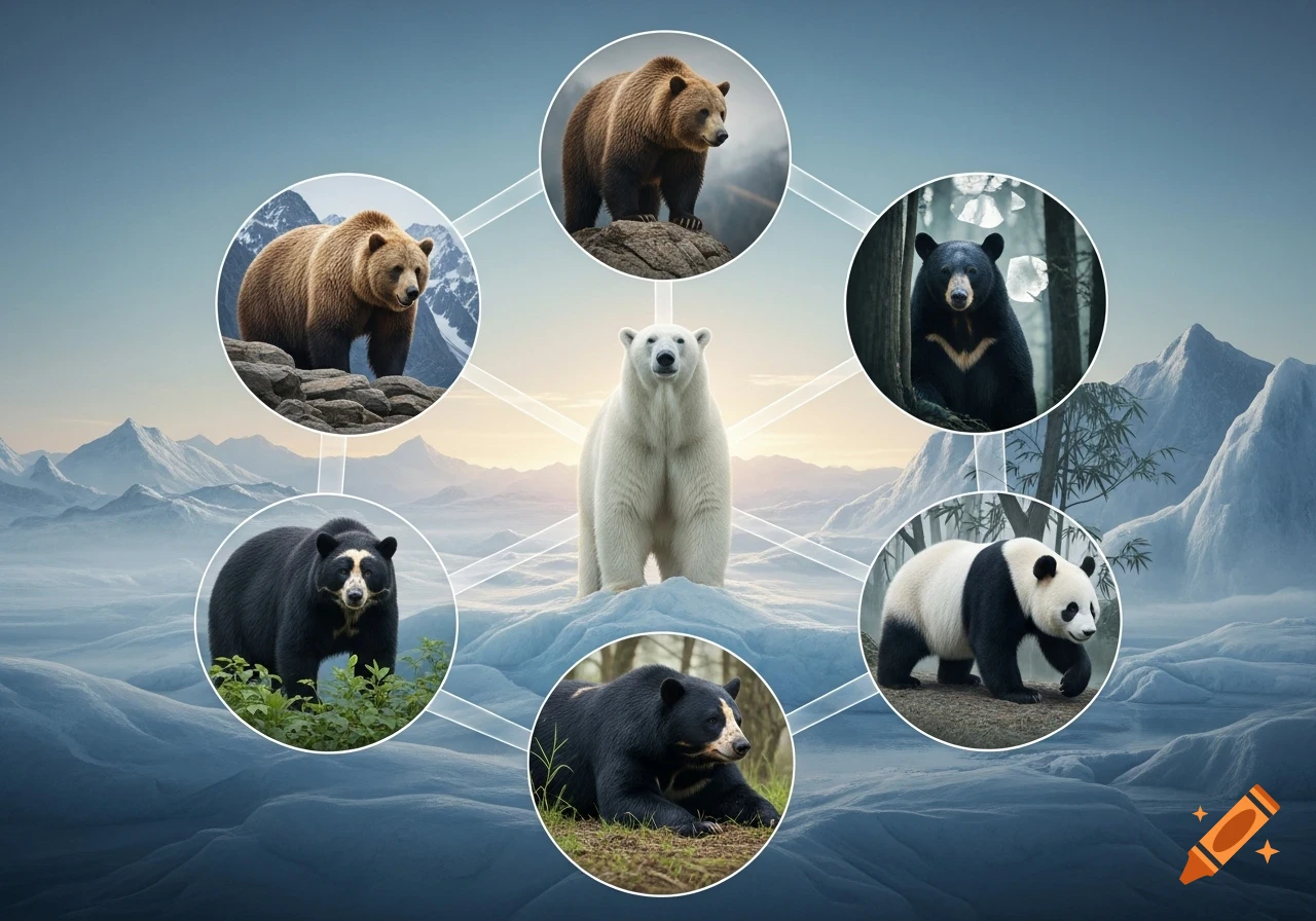 A powerful polar bear stands on ice, surrounded by six circular portraits of other bear species connected by lines, set against a mountain landscape.