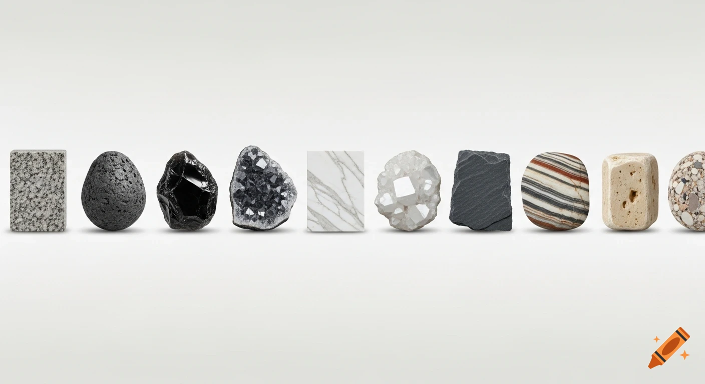 Ten different realistic rock and mineral samples, including granite, basalt, obsidian, marble, and quartz, arranged in a horizontal line on a white background.