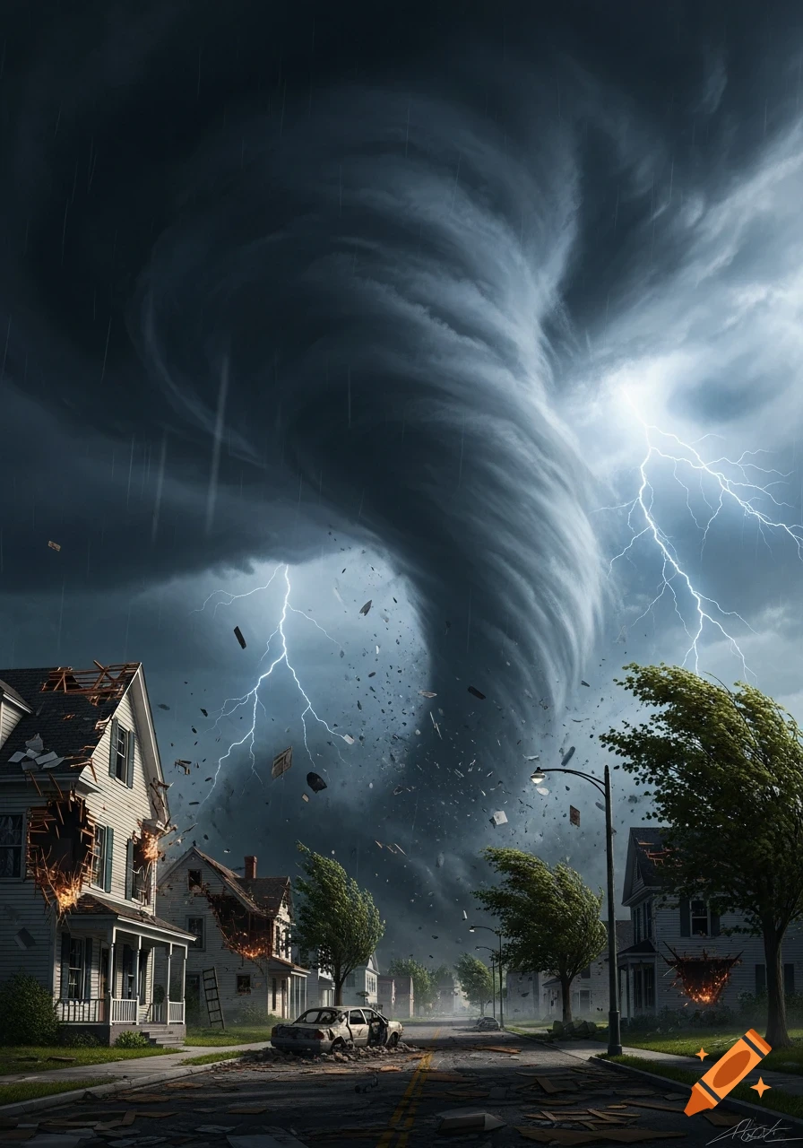 A massive, dark tornado with lightning strikes tears through a residential town, leaving damaged houses and flying debris.