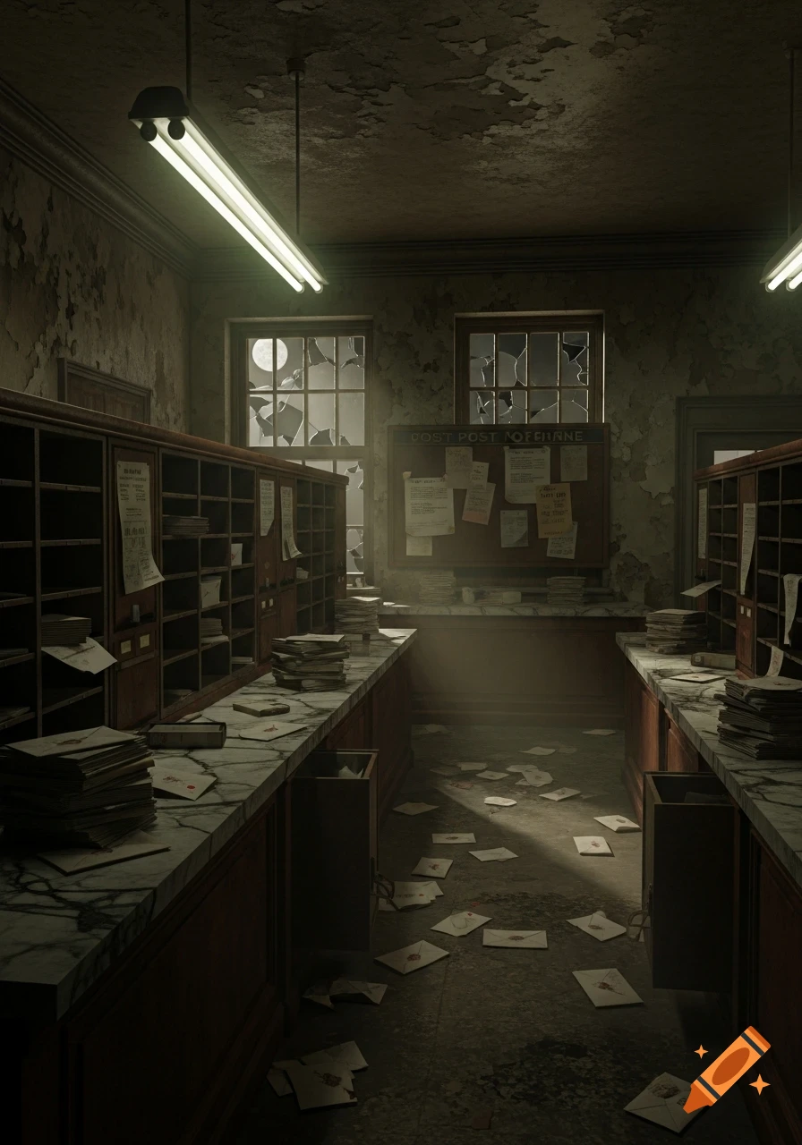 An abandoned, eerie post office interior at night, with broken windows, scattered letters, and peeling walls under a fluorescent light.