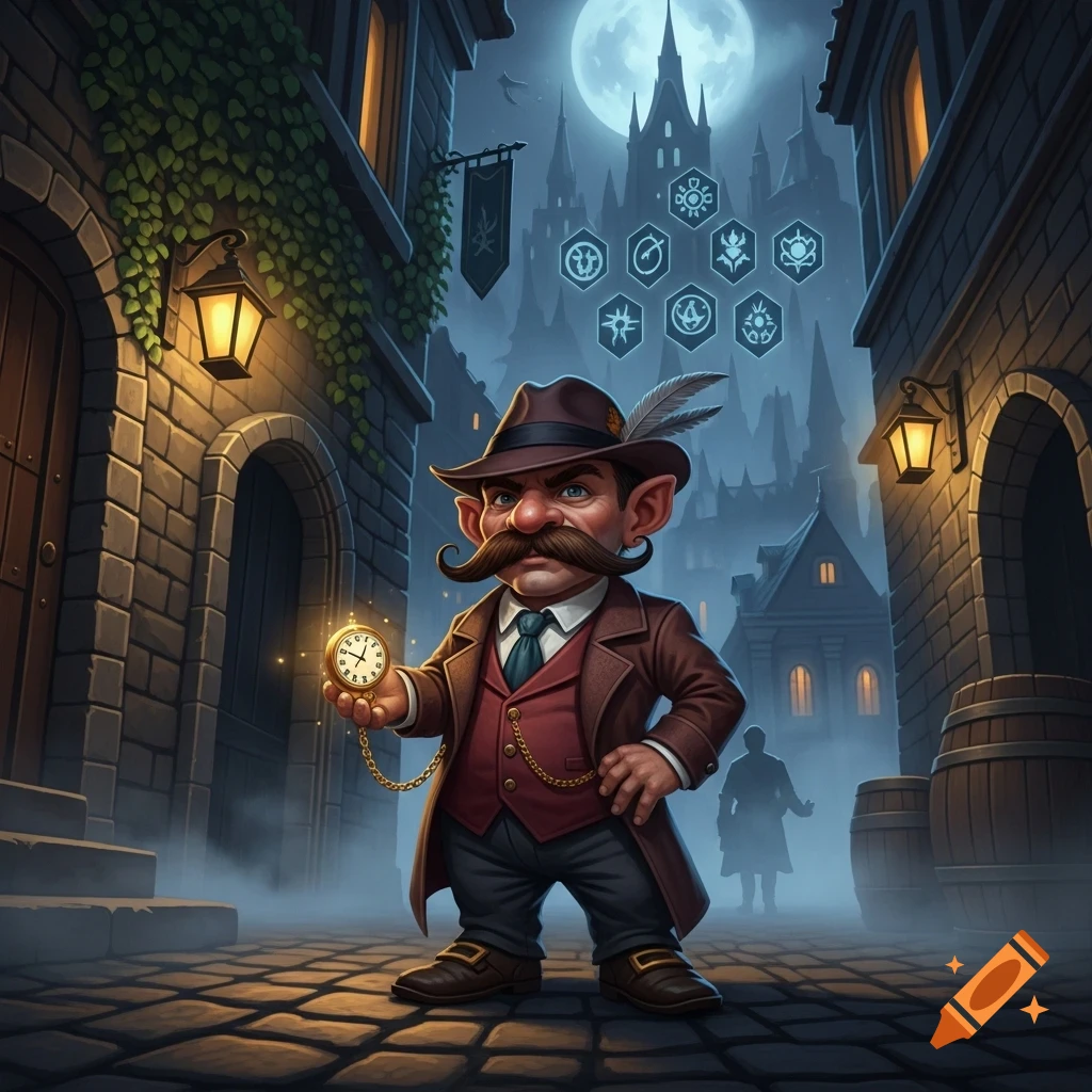 A stylized gnome detective with a large mustache and a fedora stands in a foggy alley at night, holding a glowing pocket watch.