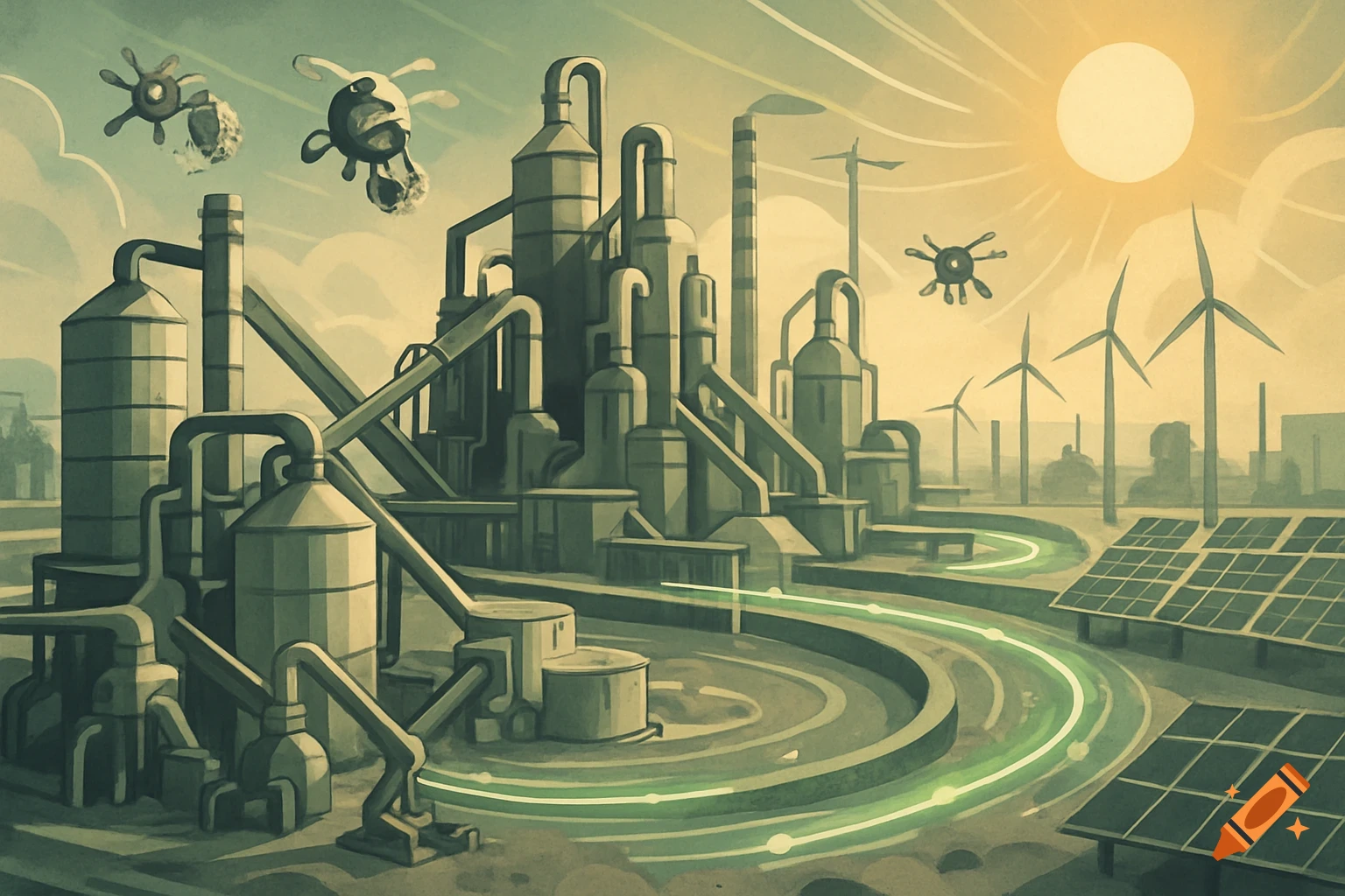 Stylized illustration of an industrial plant with wind turbines, solar panels, and a glowing green path under a sunny sky, with drones flying.