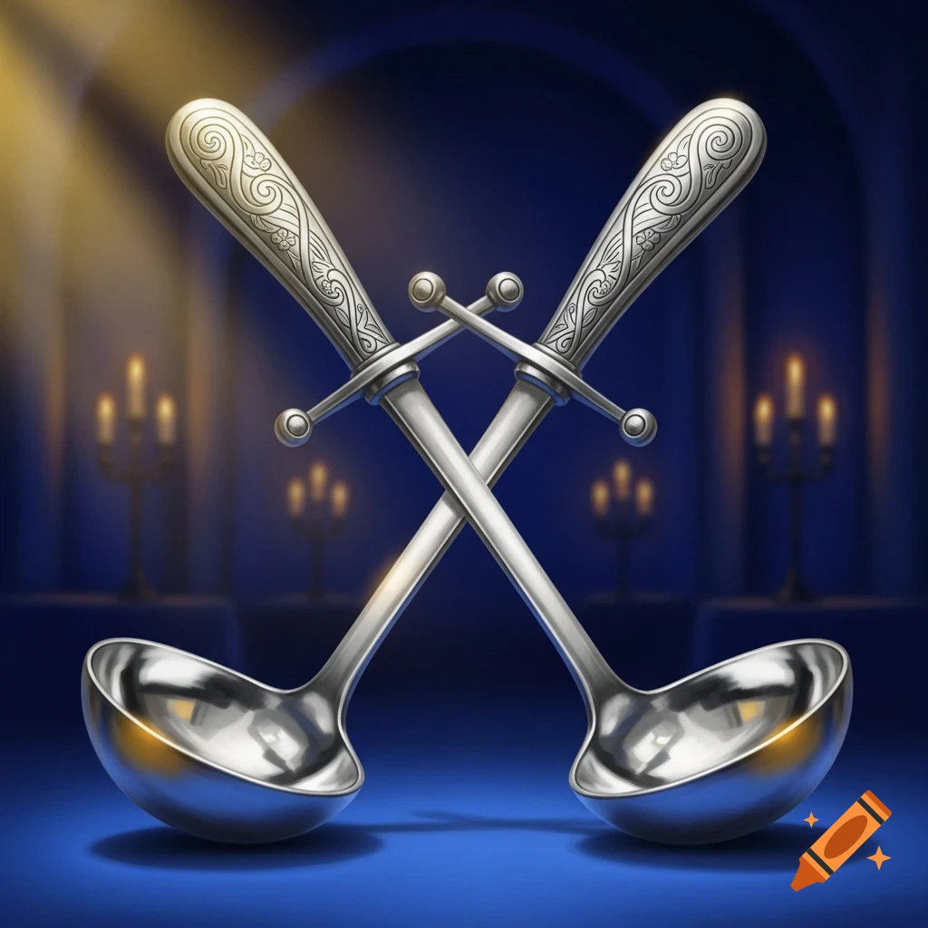 Two ornate silver ladles crossed like swords on a blue surface, with blurred candelabras in the background.