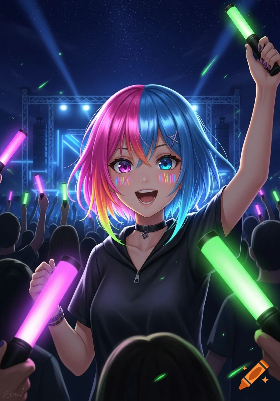 Anime girl with pink and blue hair at a vibrant music festival, smiling and holding green and pink glow sticks.