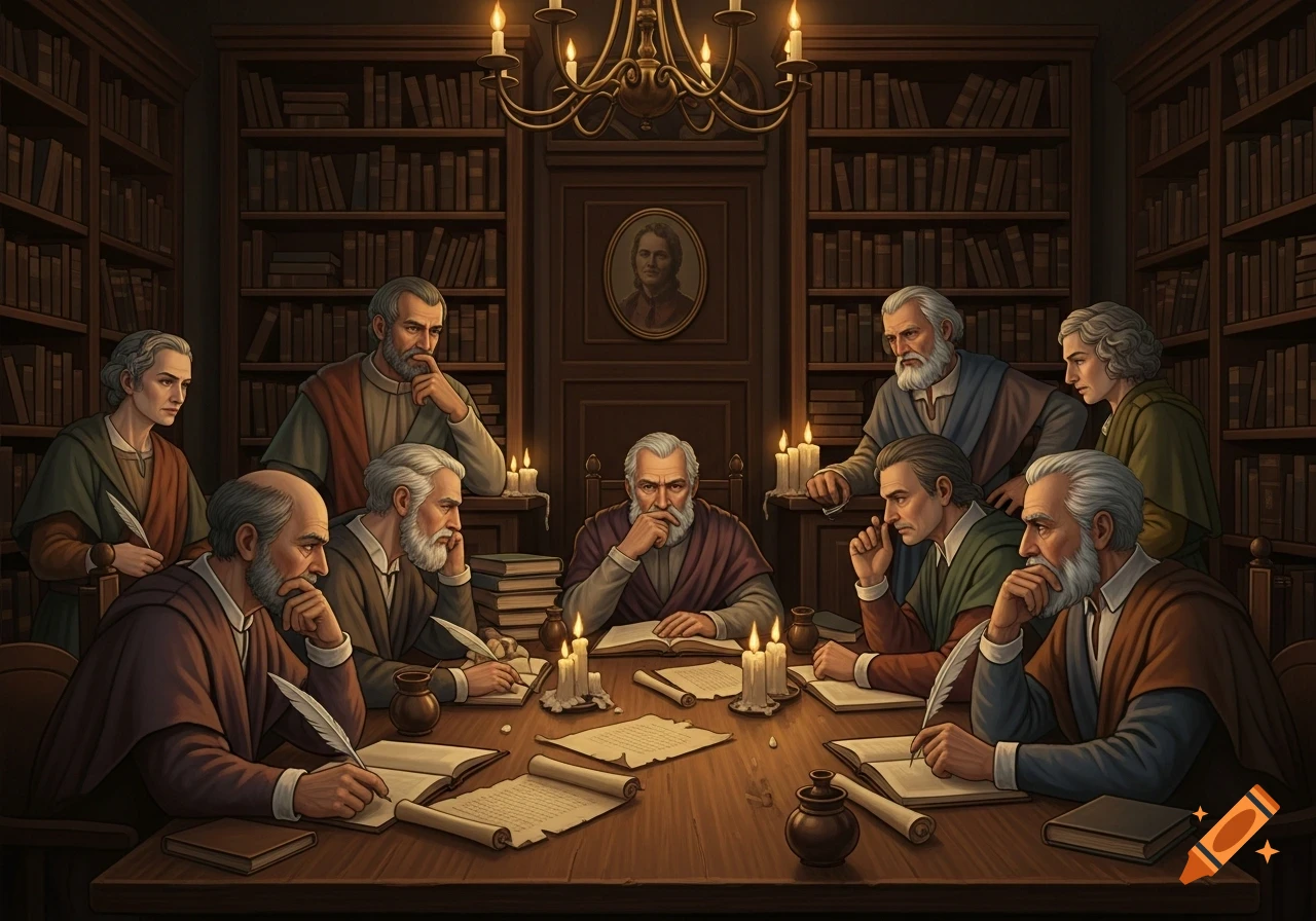 A group of ancient philosophers, some writing with quills, gather around a candlelit table in a wooden library, deep in thought.