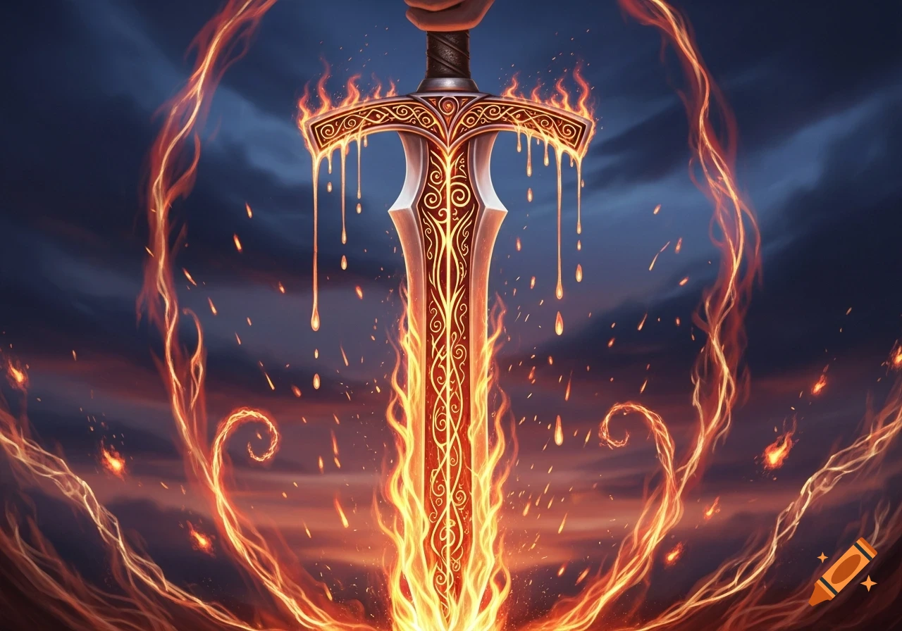 A hand grips a fiery, ornate sword dripping with molten fire against a dark, ember-filled background with swirling flames.