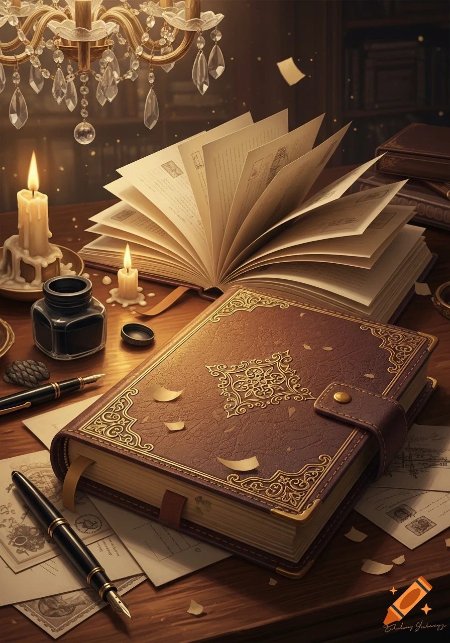 A dimly lit still life scene featuring a leather-bound diary, an open book, flickering candles, and writing pens on a wooden table.