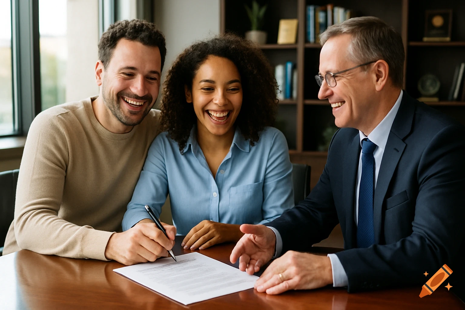 A happy diverse couple smiles while signing a document at a table with a smiling mortgage broker.