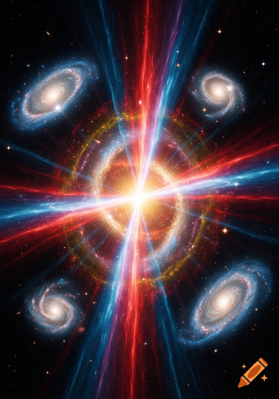 A vibrant cosmic explosion with red and blue energy beams emanating from a central light, surrounded by four spiral galaxies in a dark, starry space.