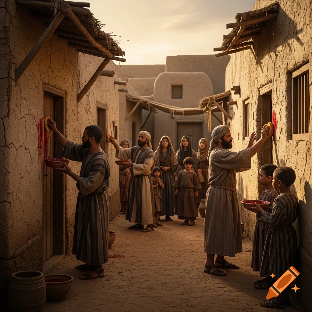 Men and boys smear red liquid on mudbrick doorframes in a narrow, sunlit ancient street, with women watching.