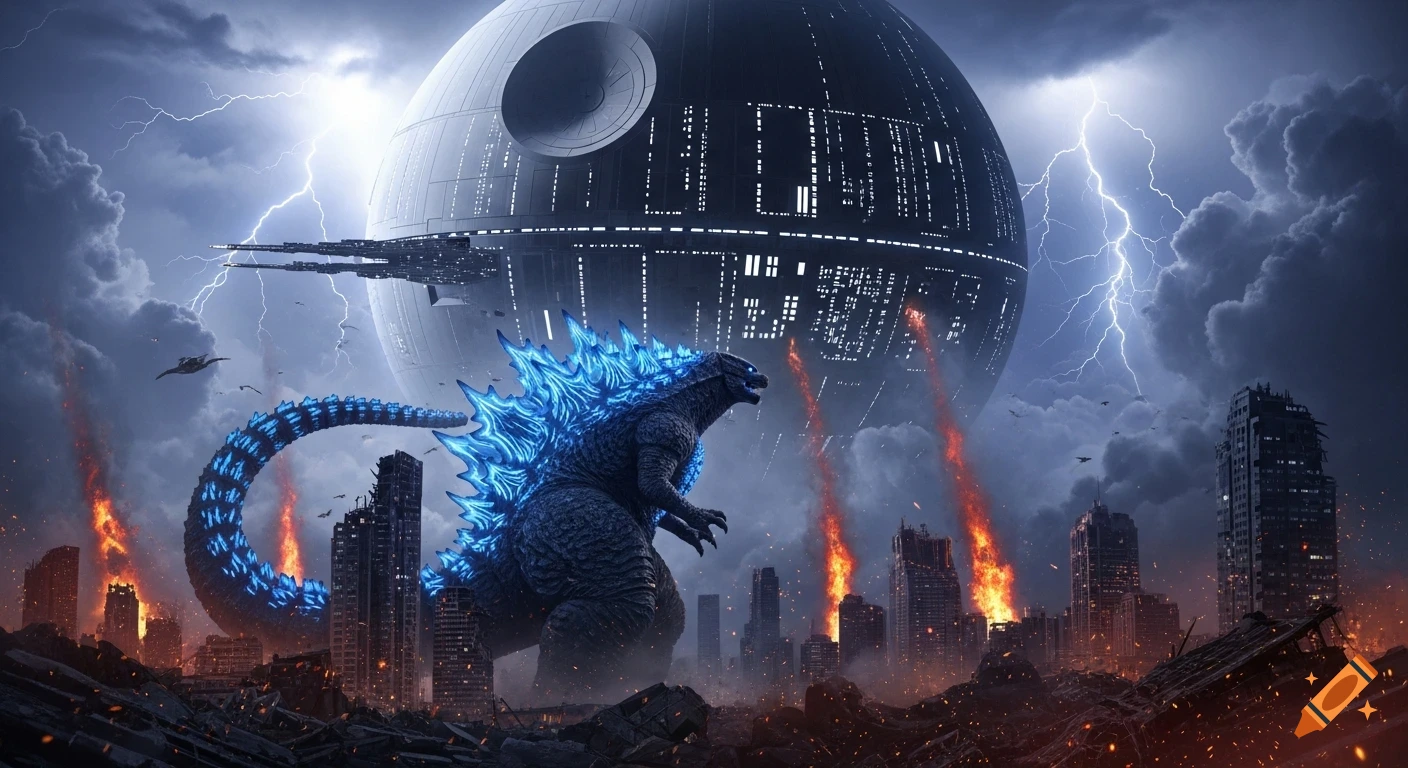 Godzilla with glowing blue spikes stands in a destroyed city under a stormy, lightning-filled sky, facing the Death Star in the background.