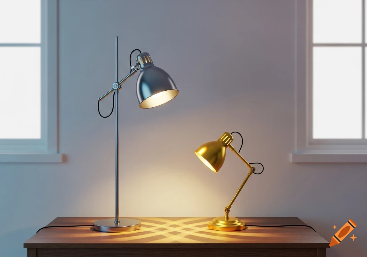 A silver and a gold desk lamp with glowing lights sit on a wooden table in front of a window, photorealistic style.