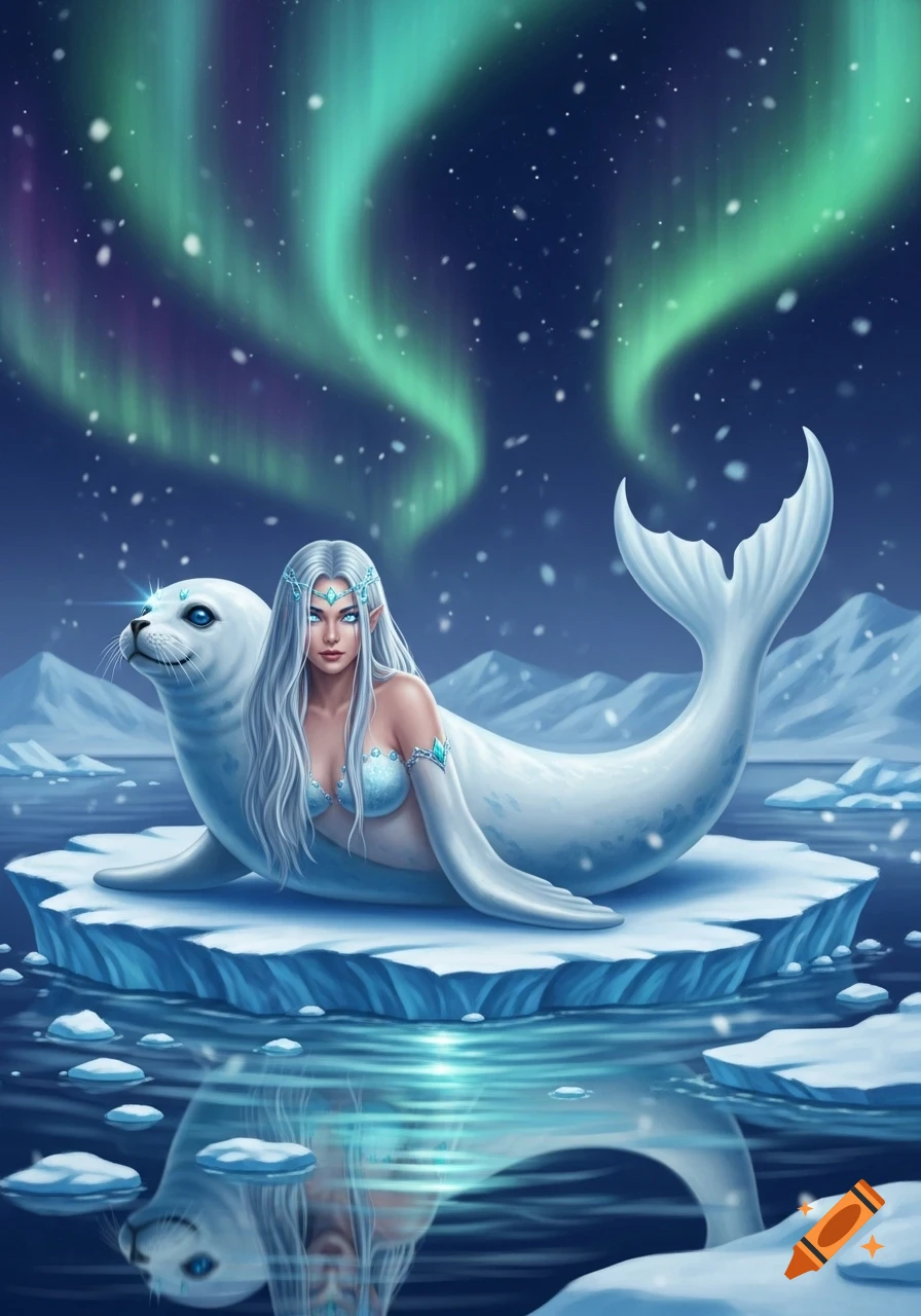 A fantasy siren with long white hair and a seal's body lies on an iceberg under the aurora borealis.