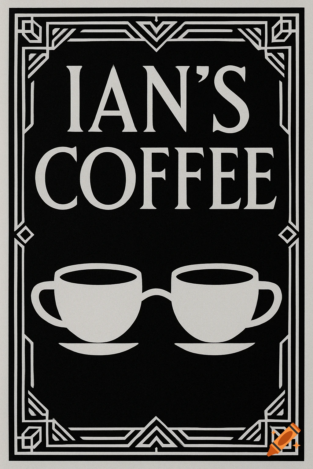 A black and white art deco sign for 'Ian's Coffee' with two coffee cups arranged like eyeglasses.