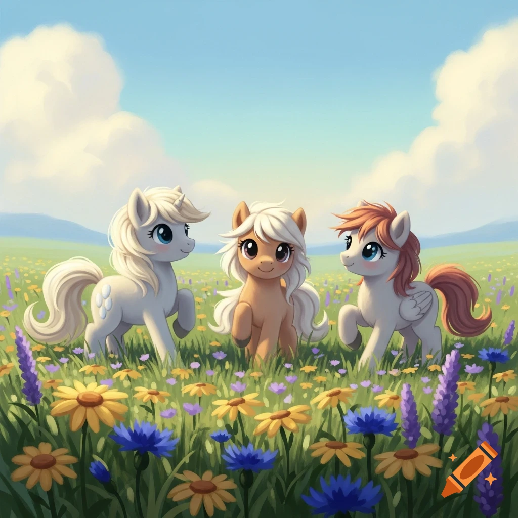 Three cute, fluffy ponies with flowing manes and tails stand in a vibrant flower field under a blue sky with fluffy clouds.
