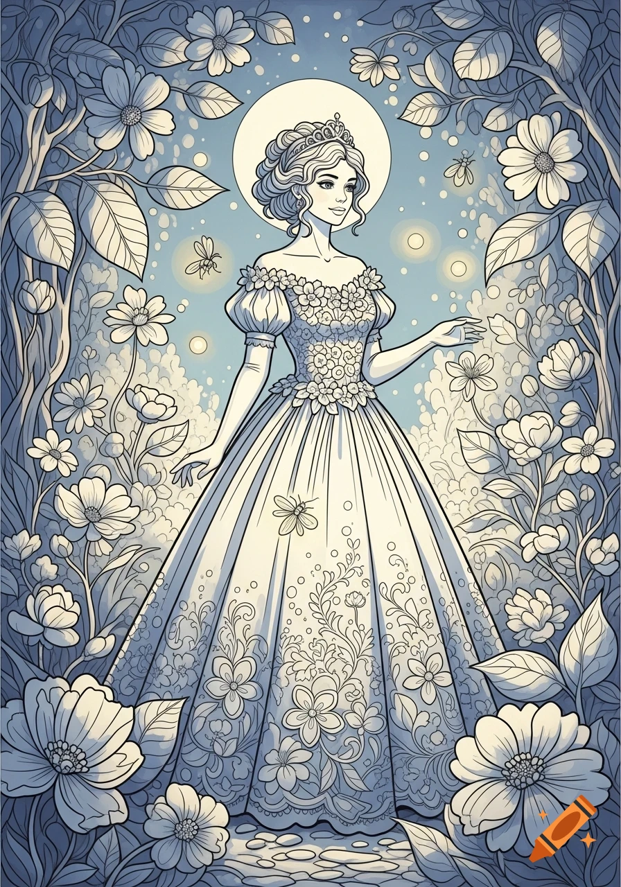 A line art drawing of a princess in a ballgown, wearing a tiara, standing in a magical garden filled with flowers and trees, with a glowing moon behind her head.
