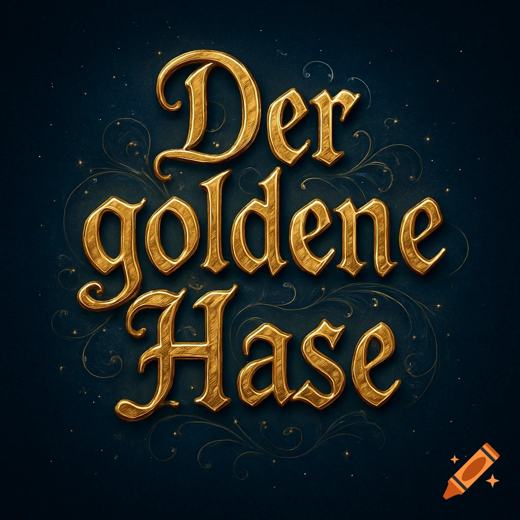 Decorative golden text reading "Der goldene Hase" against a dark blue background with subtle golden swirls and sparkling particles.