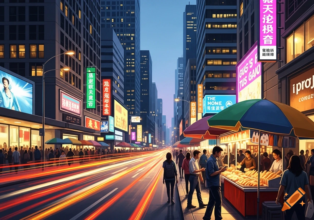 A vibrant, illuminated cityscape at dusk, with a busy street market on the right and streaks of light from traffic on the road.