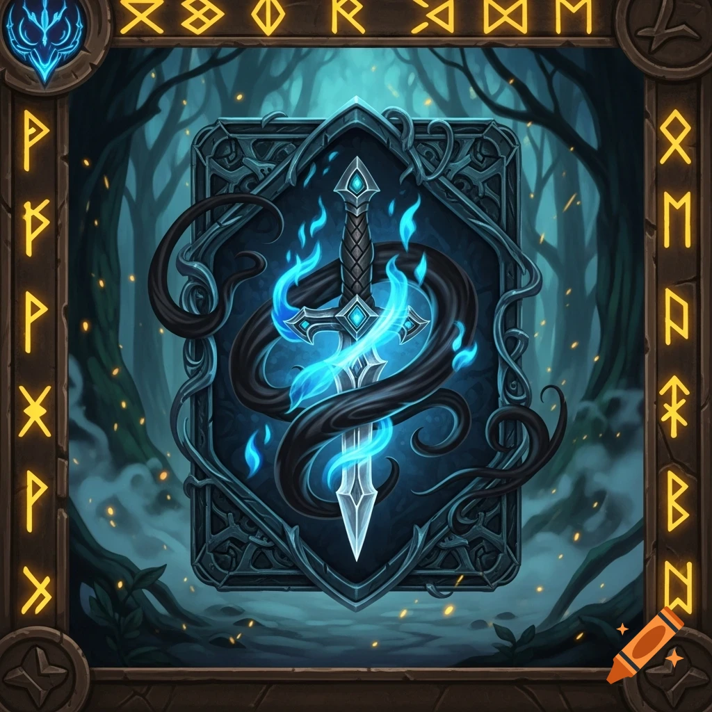 Fantasy game art of a glowing blue sword wrapped in dark tendrils, set in a mystical forest within a runic card frame.