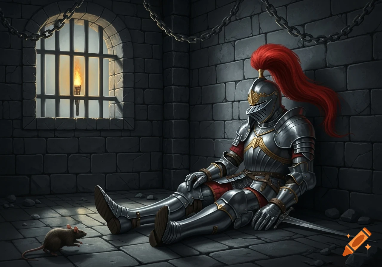 A knight in full armor with a red plume lies passed out in a dark stone dungeon cell, with a rat on the floor.