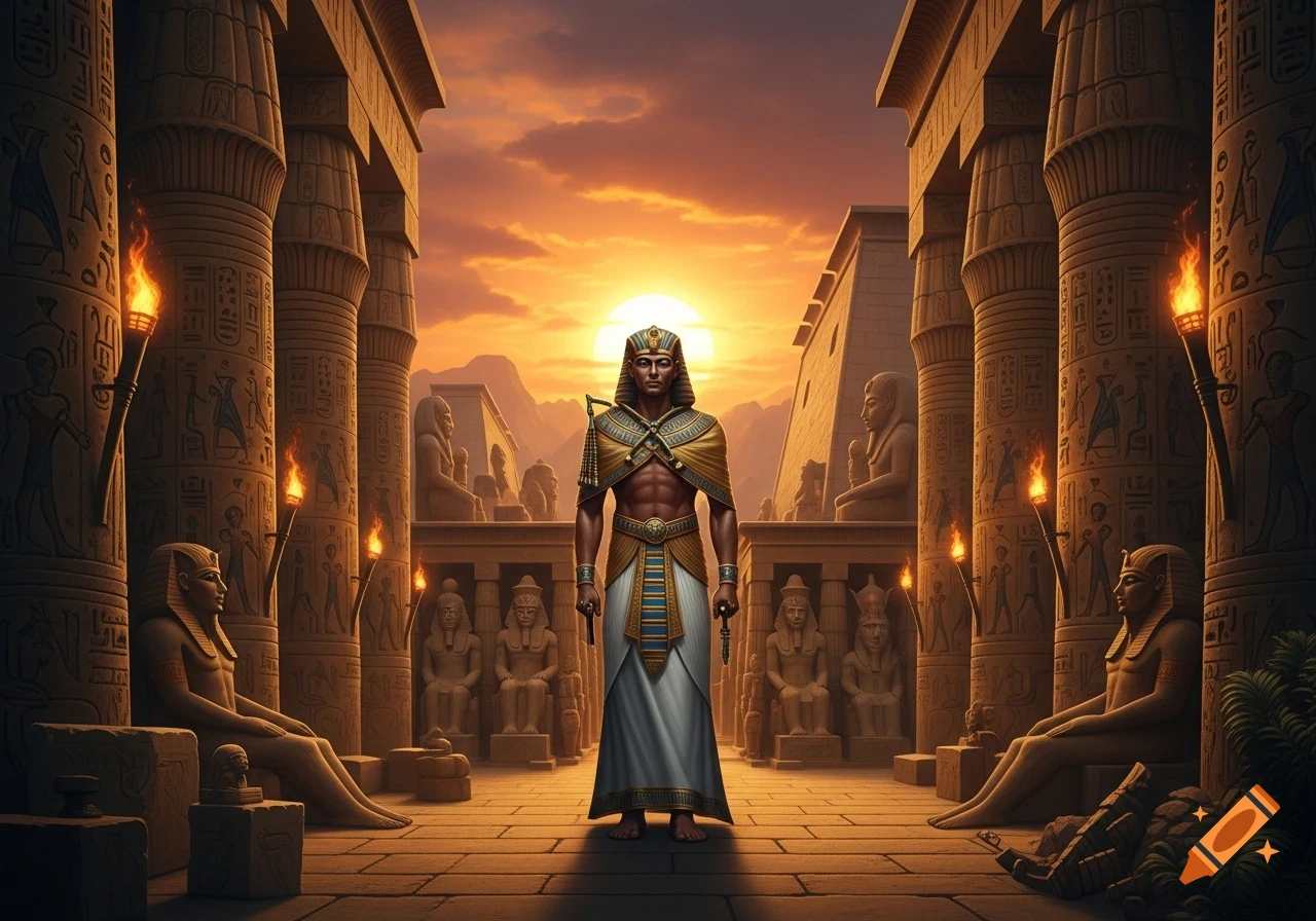 A regal figure in ancient Egyptian attire stands in a grand temple at sunset, surrounded by carved pillars and statues.