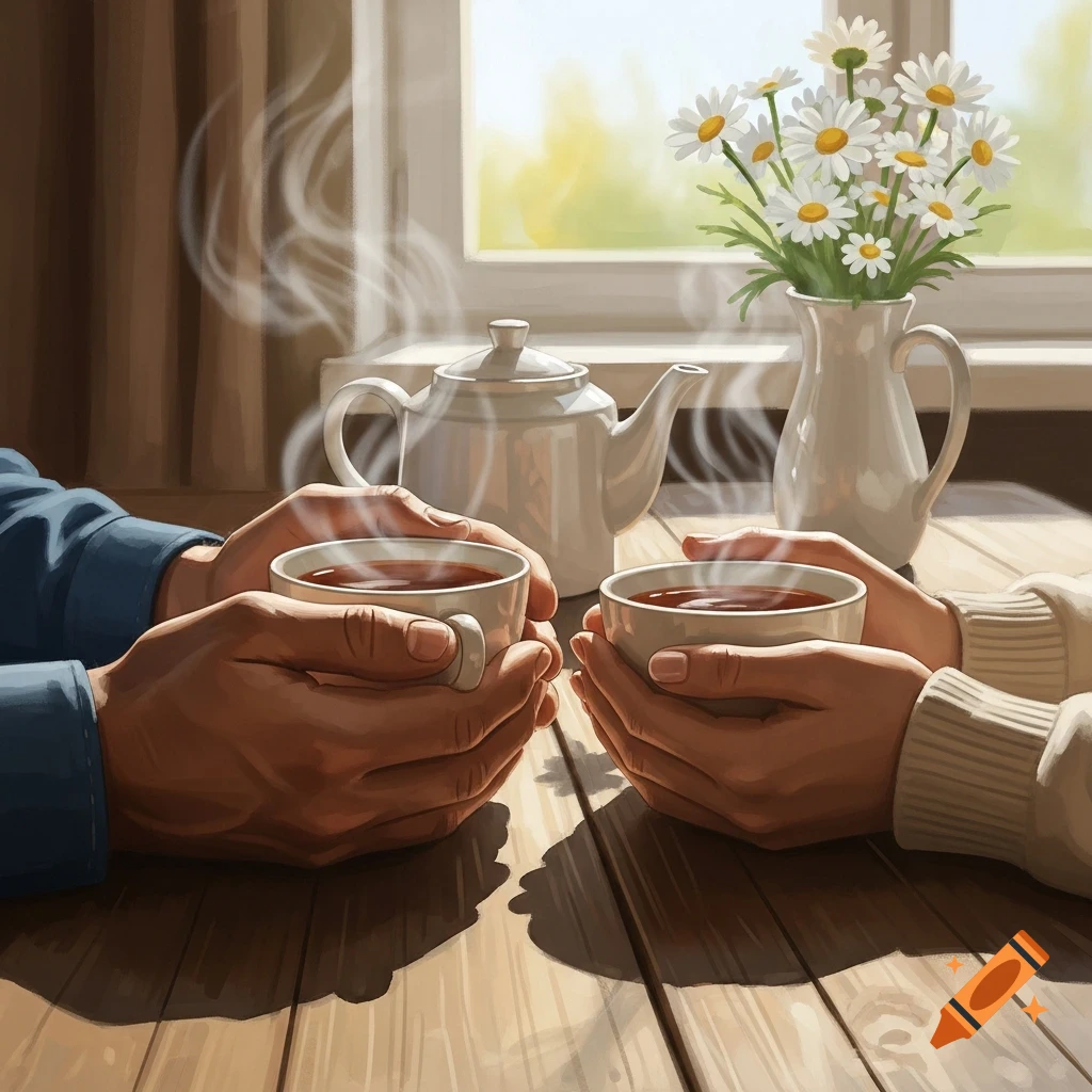 Illustrative scene of two pairs of hands holding steaming cups of tea at a wooden table, with a teapot and daisies by a window.