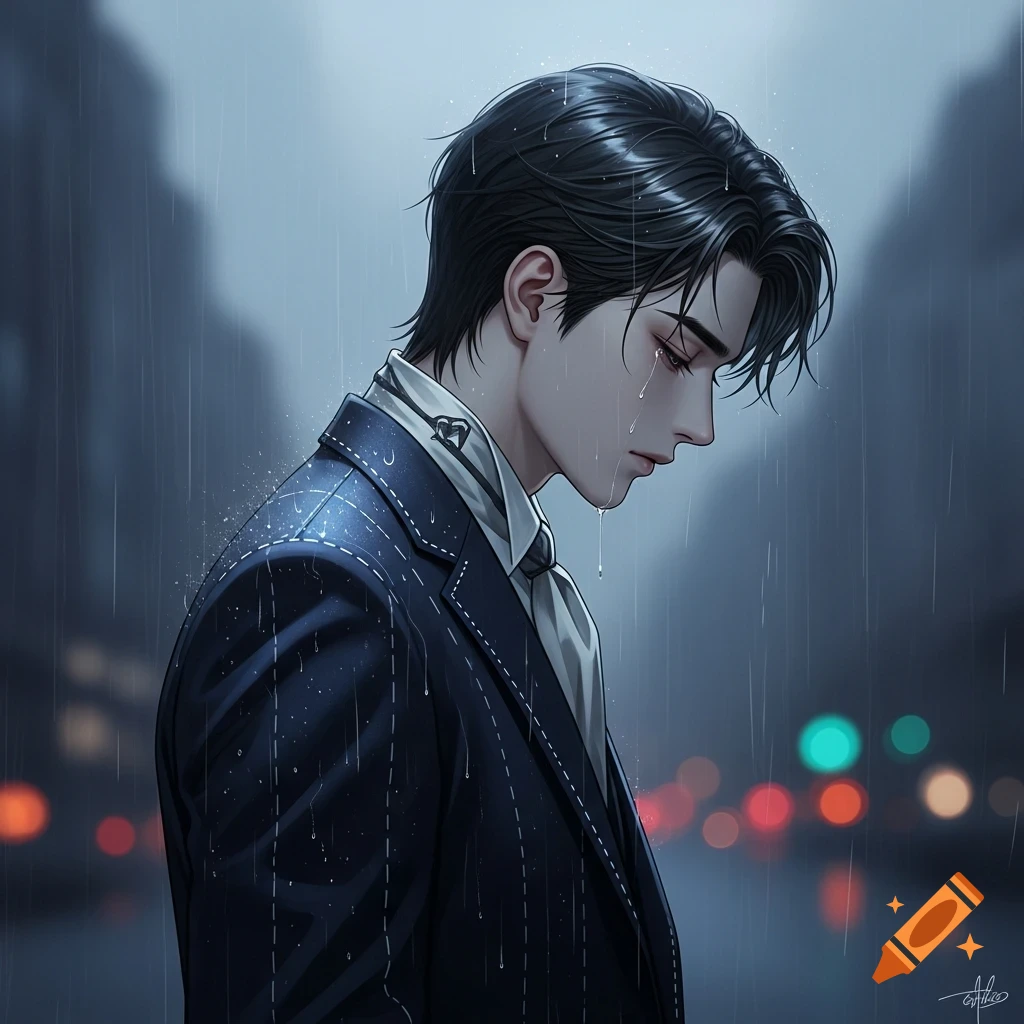 Anime-style male portrait, looking down sadly in the rain with city lights blurred in the background.
