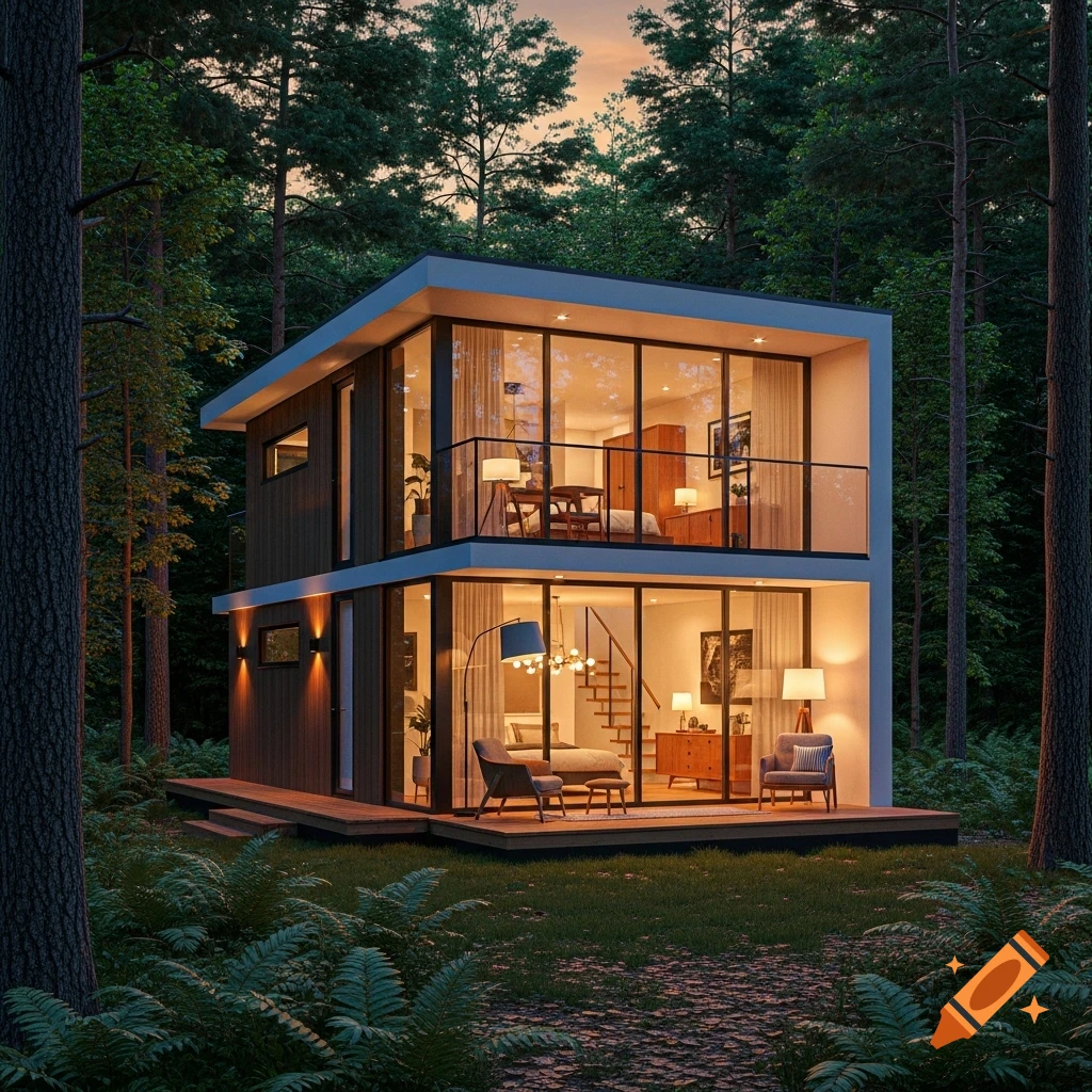 Photorealistic modern two-story glass-walled house with illuminated interiors nestled in a dense forest at dusk.
