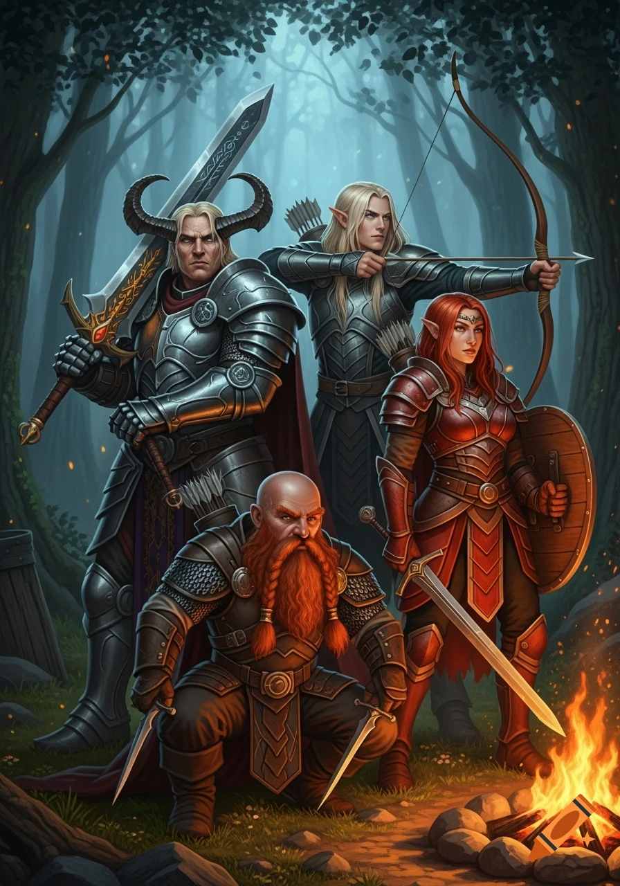 A D&D party of four fantasy characters in a forest at night, gathered around a campfire. Includes a horned paladin, an elf archer, a female warrior, and a squatting dwarf assassin.