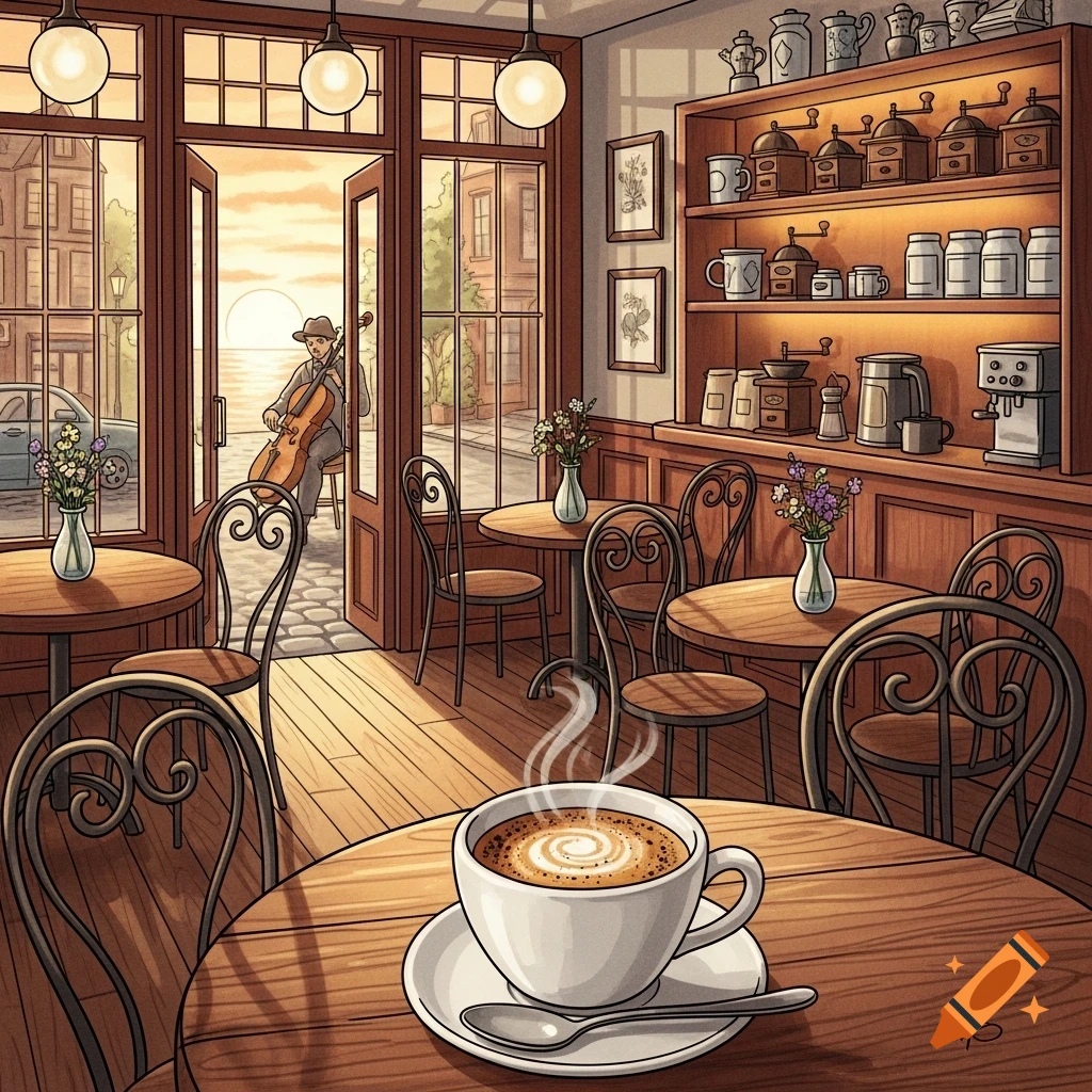 Illustrated cozy cafe interior with a steaming coffee cup in the foreground and a cellist playing by the sea at sunset.
