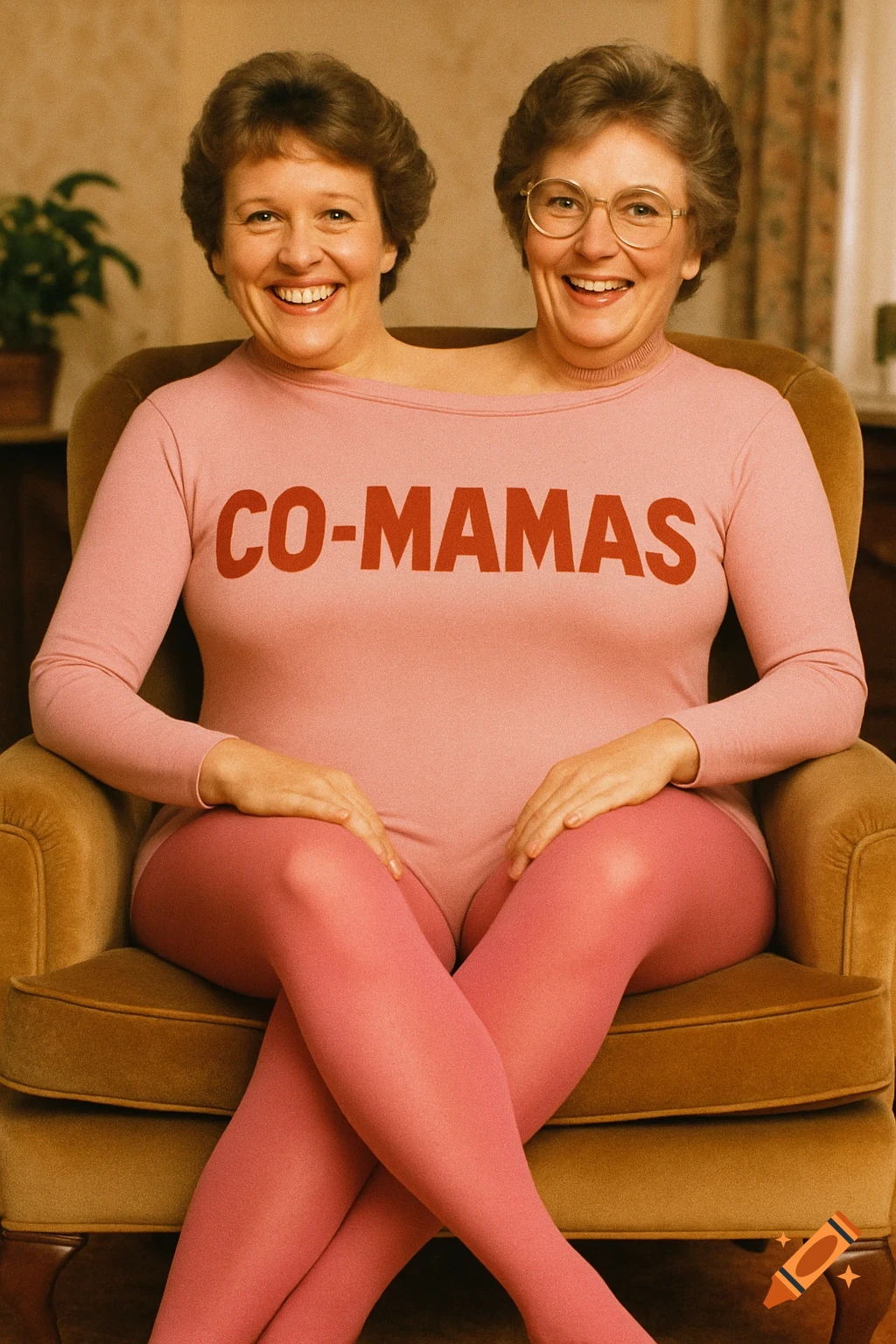 Two smiling women, conjoined at the torso, wear a pink "CO-MAMAS" leotard and tights, sitting in a chair in a vintage-style photograph.