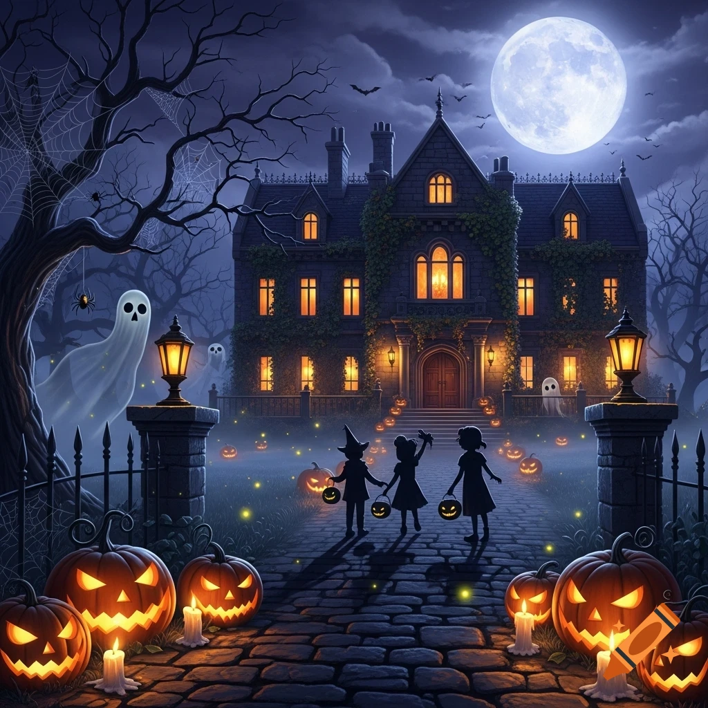 Trick-or-treaters approach a haunted house on a spooky Halloween night, with glowing jack-o'-lanterns and ghosts under a full moon.