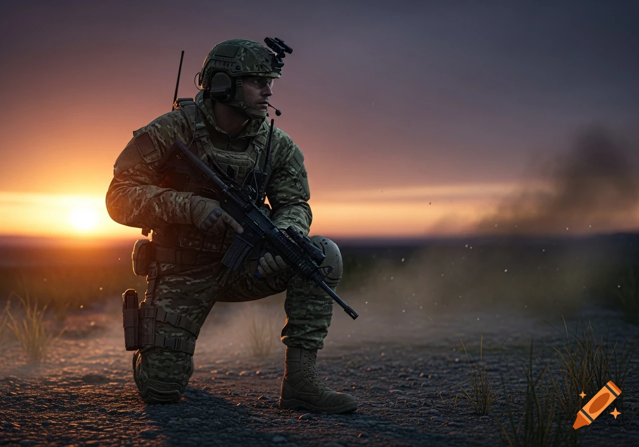 A photorealistic image of a soldier in camouflage, kneeling with a rifle, silhouetted against a vibrant sunset.