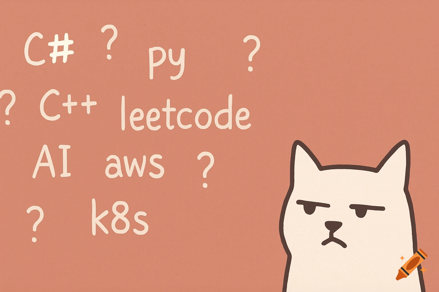 Minimalist cartoon cat with skeptical expression on a salmon-pink background filled with tech terms like C#, C++, py, leetcode, AI, aws, k8s, and question marks.
