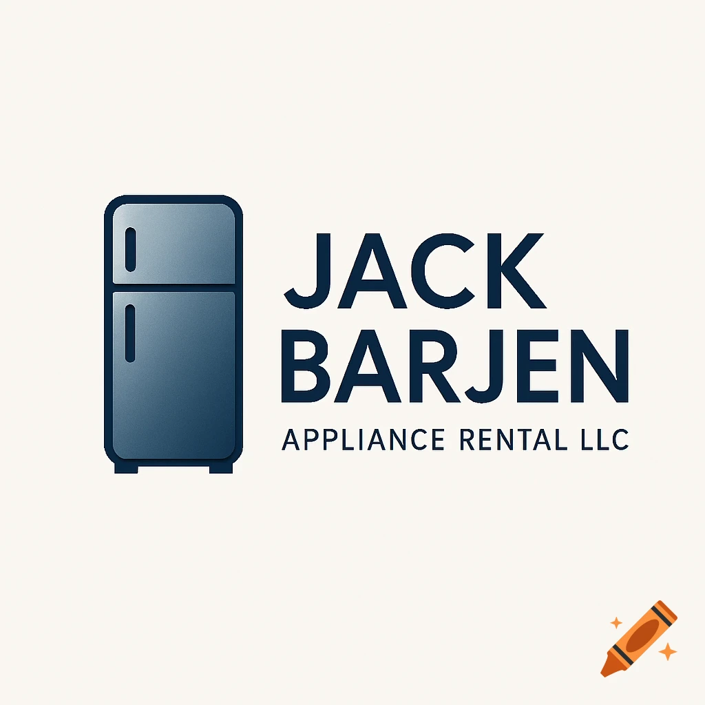 A blue and white logo for Jack Barjen Appliance Rental LLC, featuring a stylized refrigerator icon.