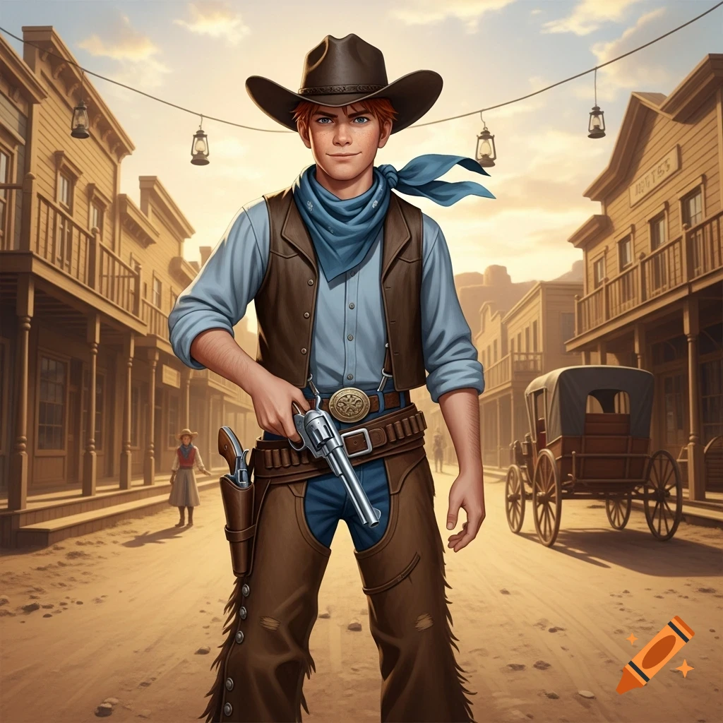 A red-haired cowboy in a hat and chaps stands confidently with a revolver in a dusty Western town street at sunset.