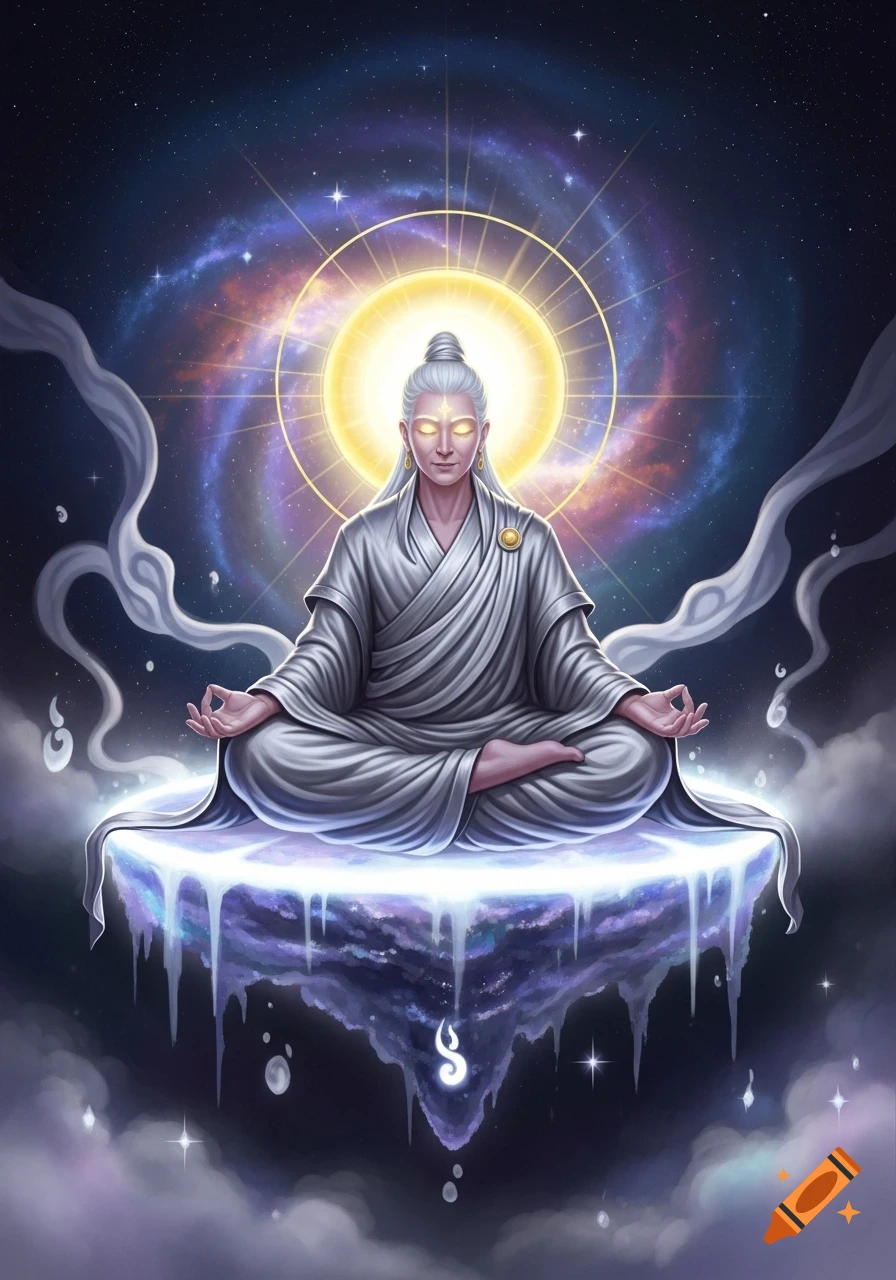 A wise-looking figure with white hair meditates in the lotus position on a glowing icy platform amidst a cosmic galaxy.