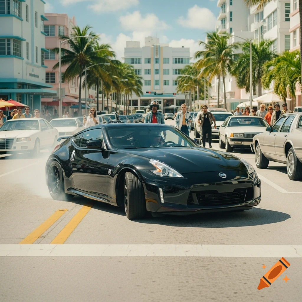 Black 2019 Nissan 370Z drifting on a sunny 1980s Miami street with pastel art deco buildings and onlookers.