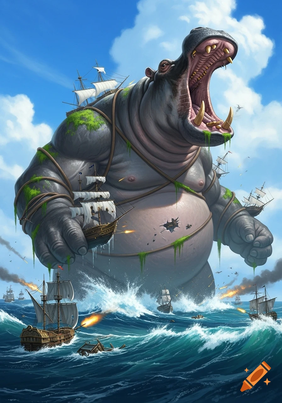 A giant humanoid hippo with moss-covered skin fights pirate ships in the ocean, its mouth open to swallow one as others fire cannons.
