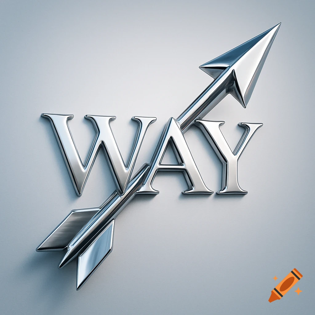 A shiny metallic arrow points upward and right, piercing through the silver 3D letters spelling 'WAY' on a light background.