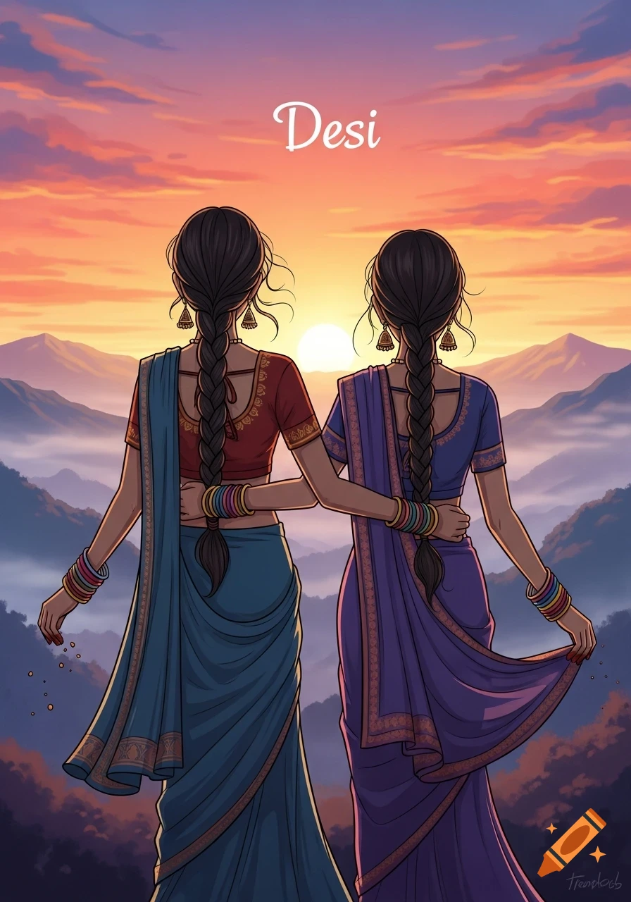 Illustration of two women with braided hair in sarees, with arms linked, looking at a vibrant sunset over mountains with the word 'Desi' above.