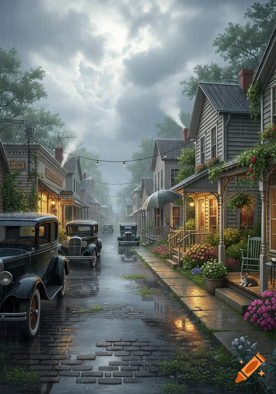 Rainy 1920s street scene with vintage cars on a brick road, charming storefronts, glowing lights, and a cat on a porch.