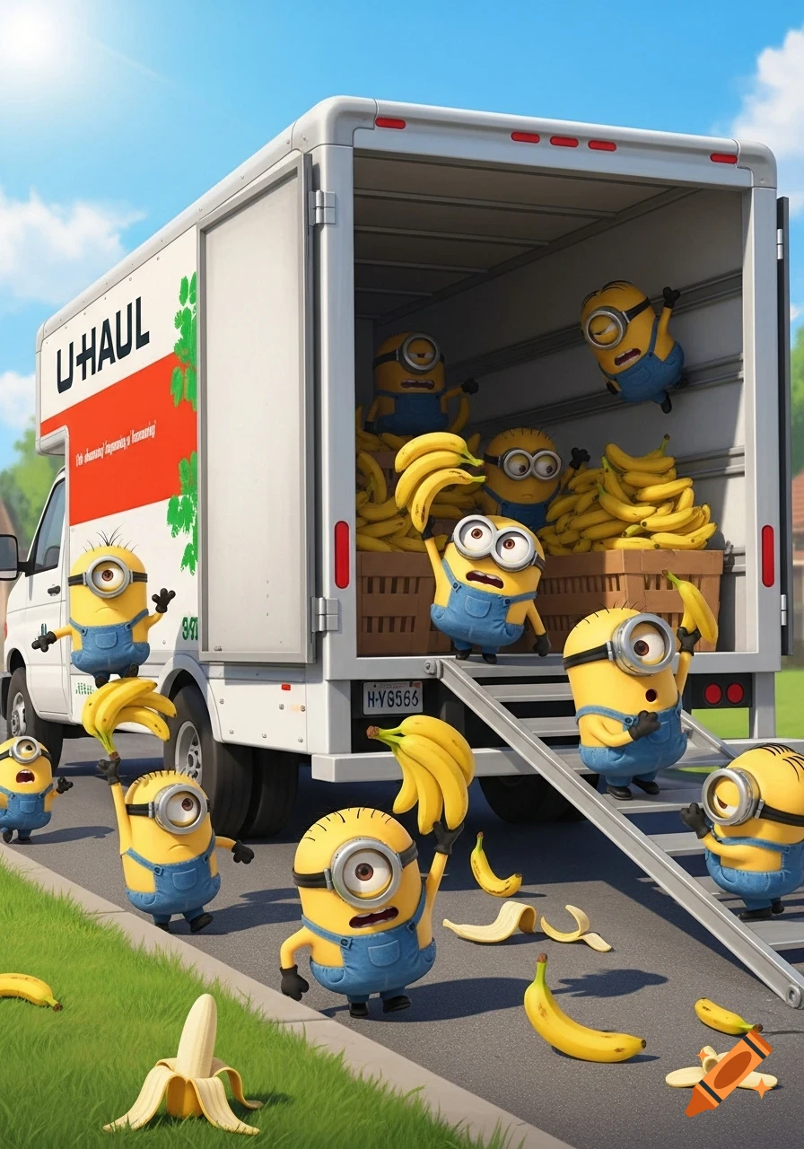 Cartoon minions loading a U-Haul truck with large bunches of bananas, with some bananas and peels scattered on the ground.