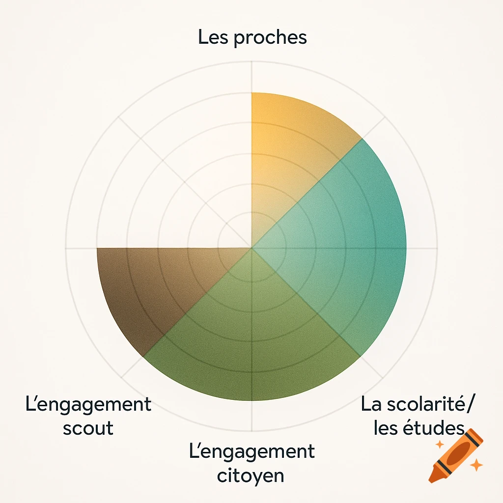 A radar chart with four sections labeled 'Les proches', 'La scolarité/les études', 'L'engagement citoyen', and 'L'engagement scout'.