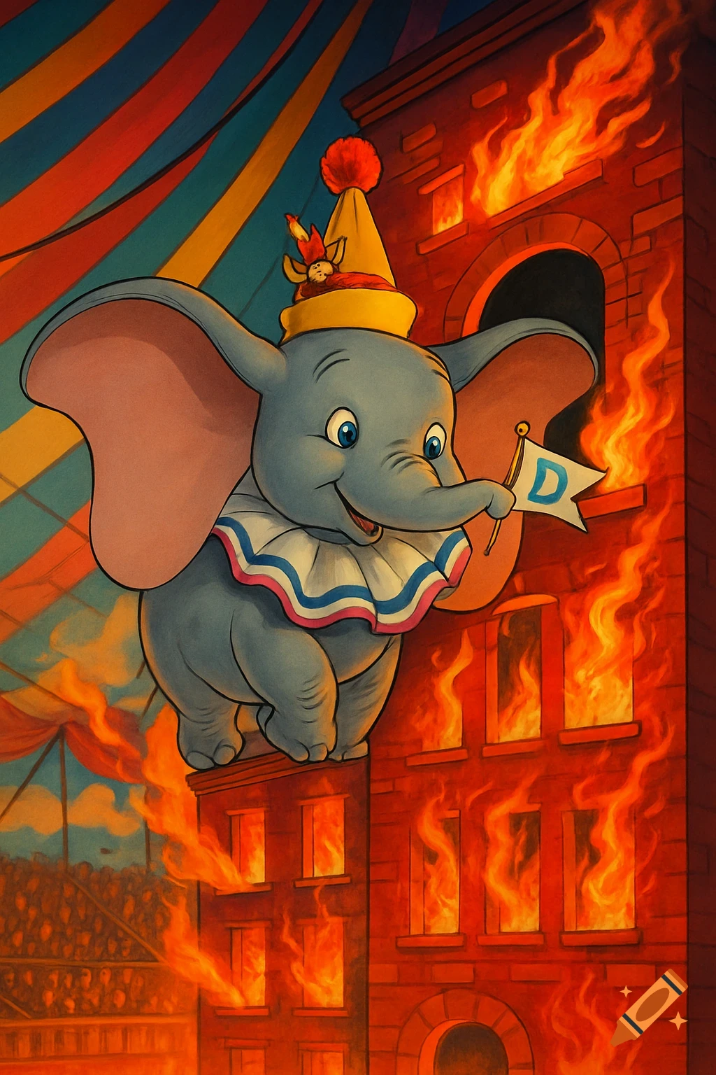 Dumbo the elephant in a clown hat and ruff, holding a flag with a 'D', perched on a burning building inside a circus tent.