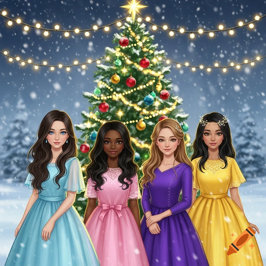 Four cartoon-style girls in colorful dresses stand in snow before a brightly lit Christmas tree.